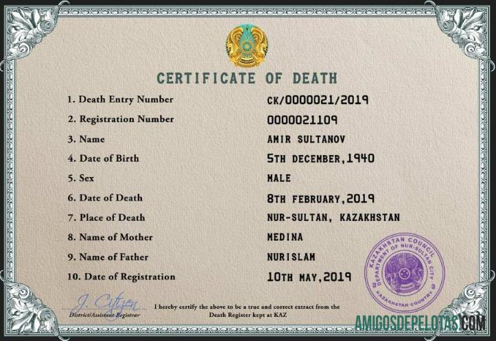 Realista modelo PSD de certidão de óbito do Cazaquistão